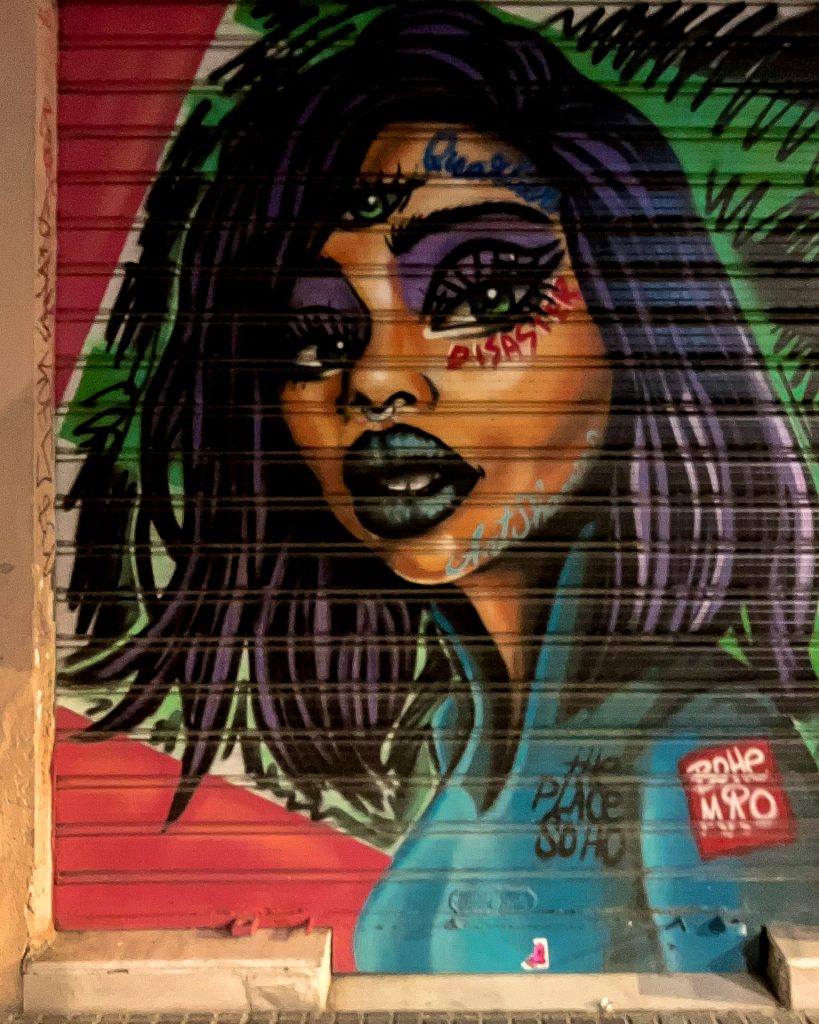 Woman painted on the shutter of the Disaster Streetwear store by Málaga artist Bohemio in Málaga's Soho neighbourhood