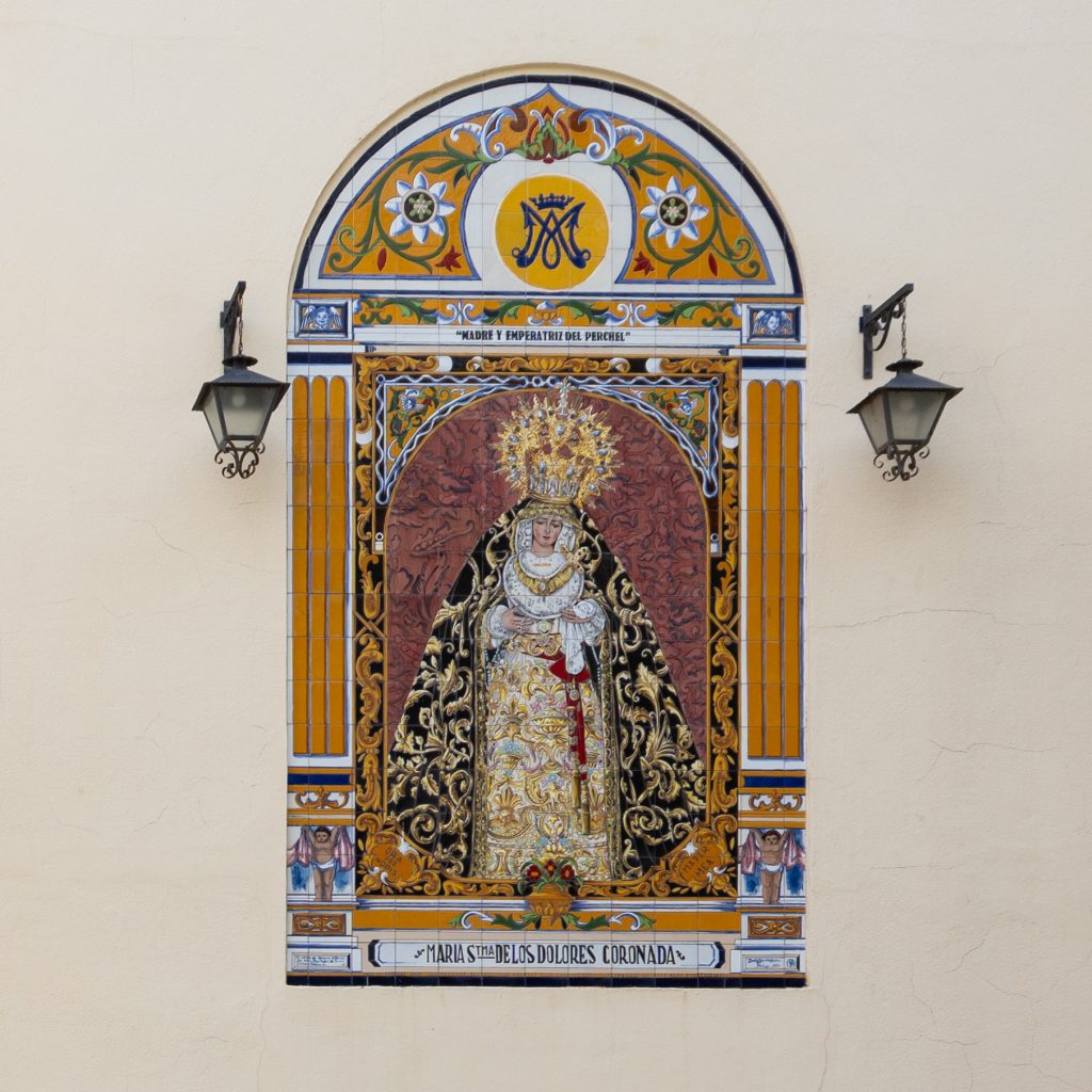 Málaga Paroquia San Pedro Aposto glazed ceramic tile mural of Maria Perchel, Avenida de la Aurora, Cruz de Humilladero