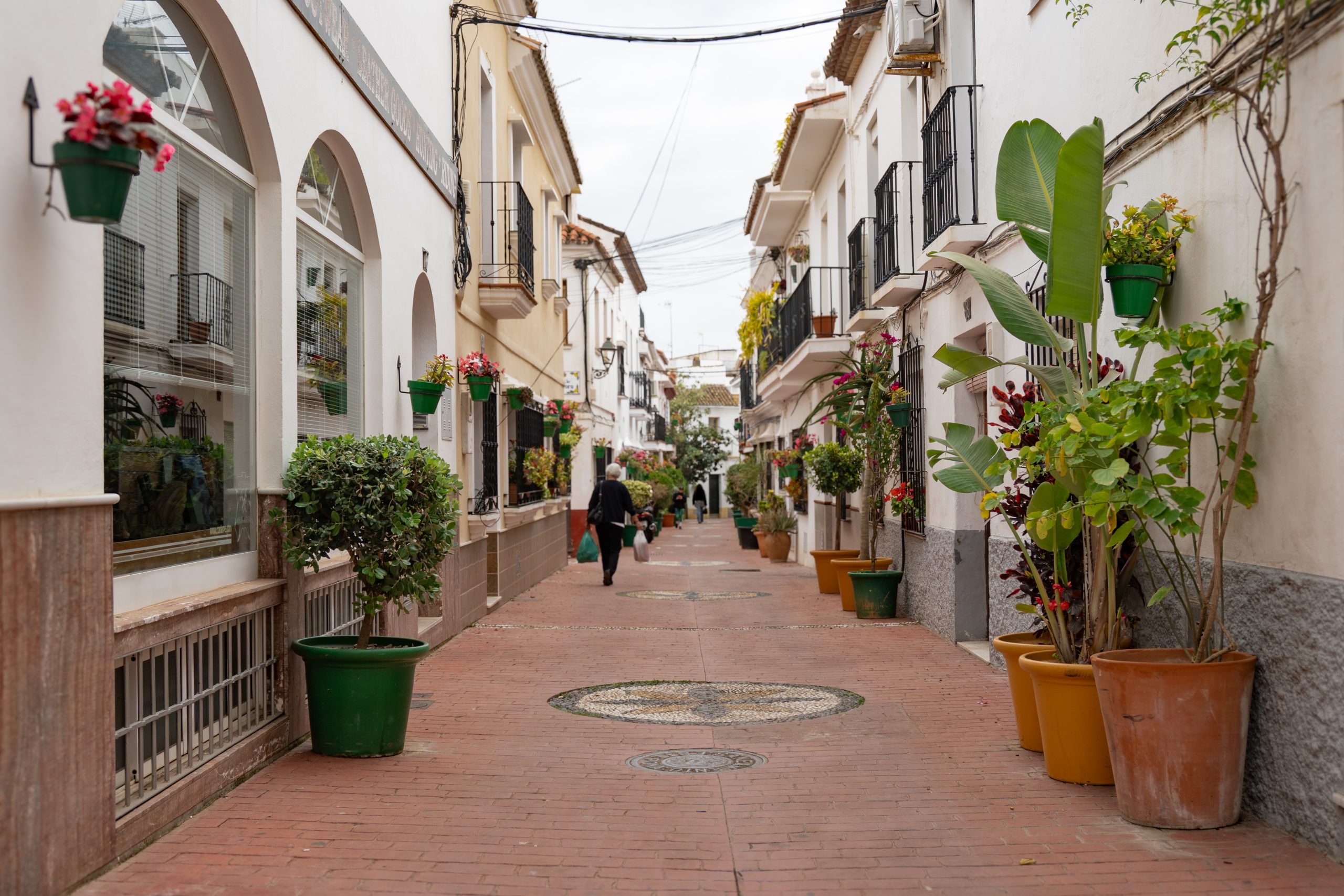 Calle del casco antiguo de Estepona, con sus casas encaladas y coloridas macetas