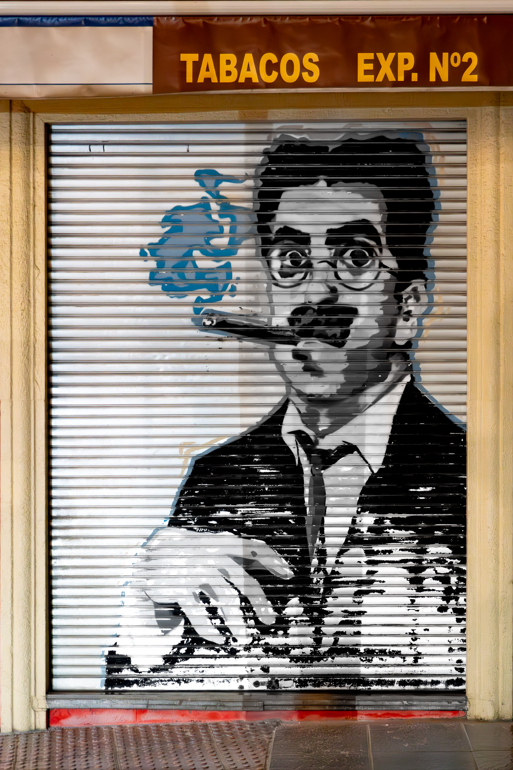 A detailed street art mural painted across the closed metal roller shutter of a tobacco shop