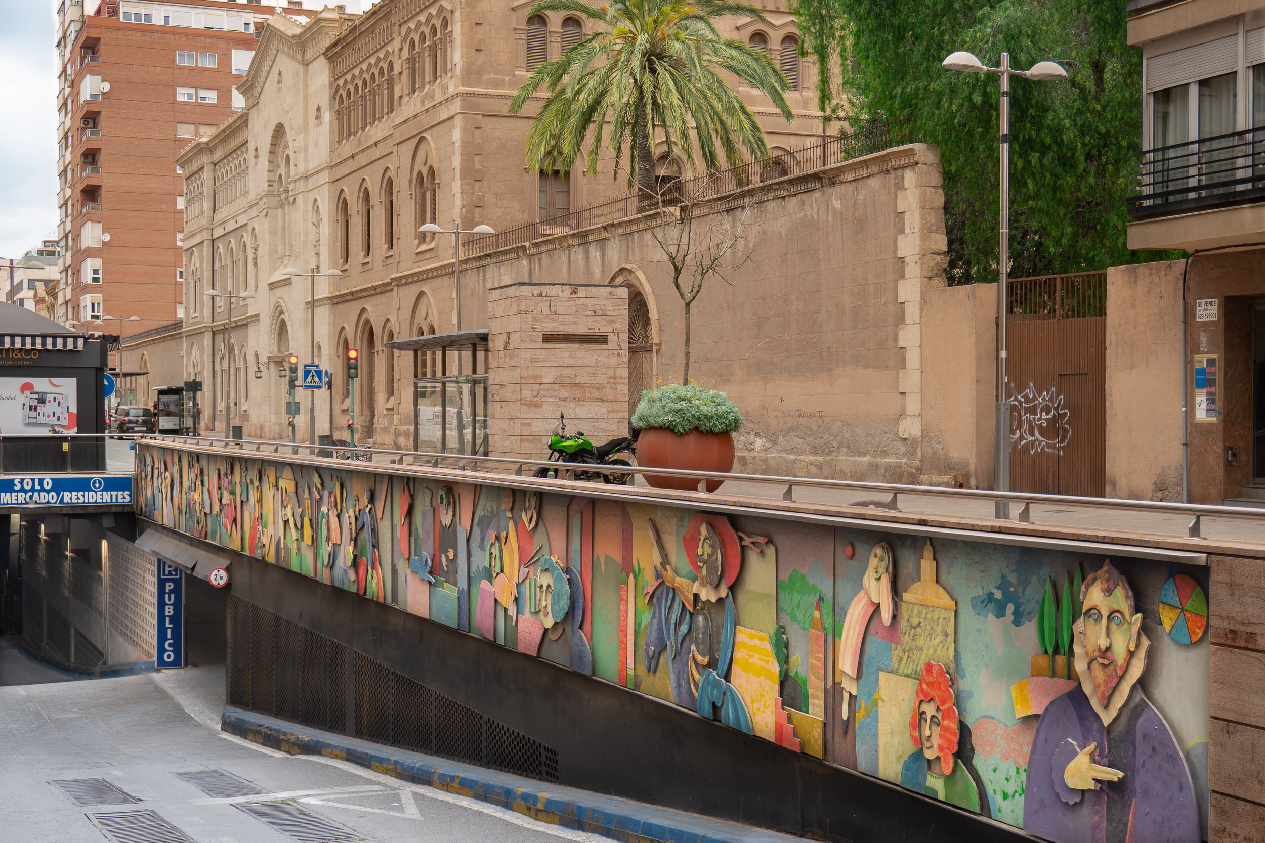 Parking Obispo Orberá with colorful mural at Calle Rambla Obispo Orberá, Mercado Central Almería