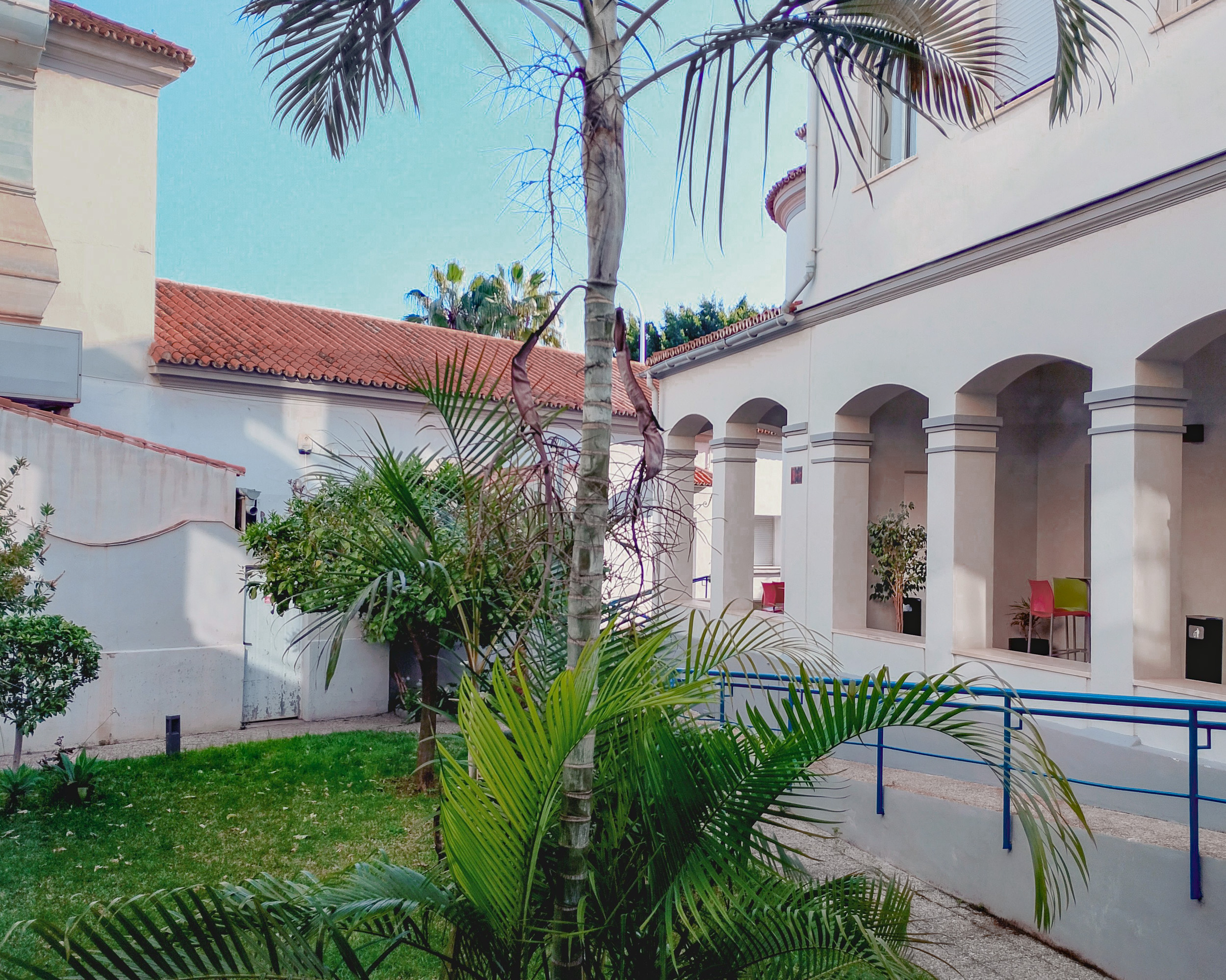 Courtyard garden of Albergue Inturjoven on Pl. Pío XII 6 in the Cruz de Humilladero district of Malaga