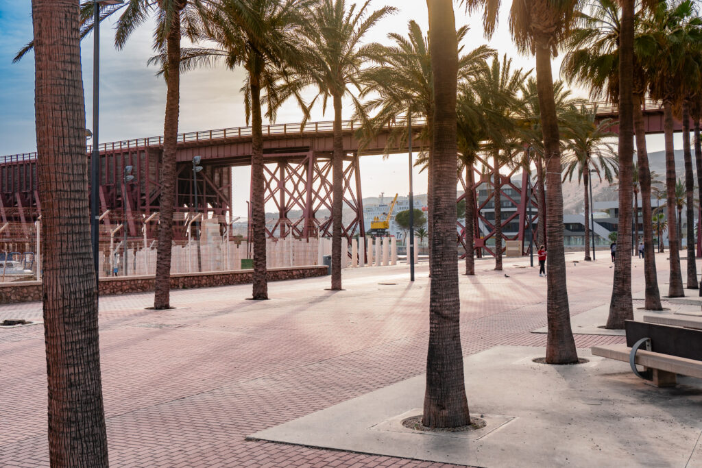 The structure of the Cable Inglés and the palm grove at the port of Almería at sunset