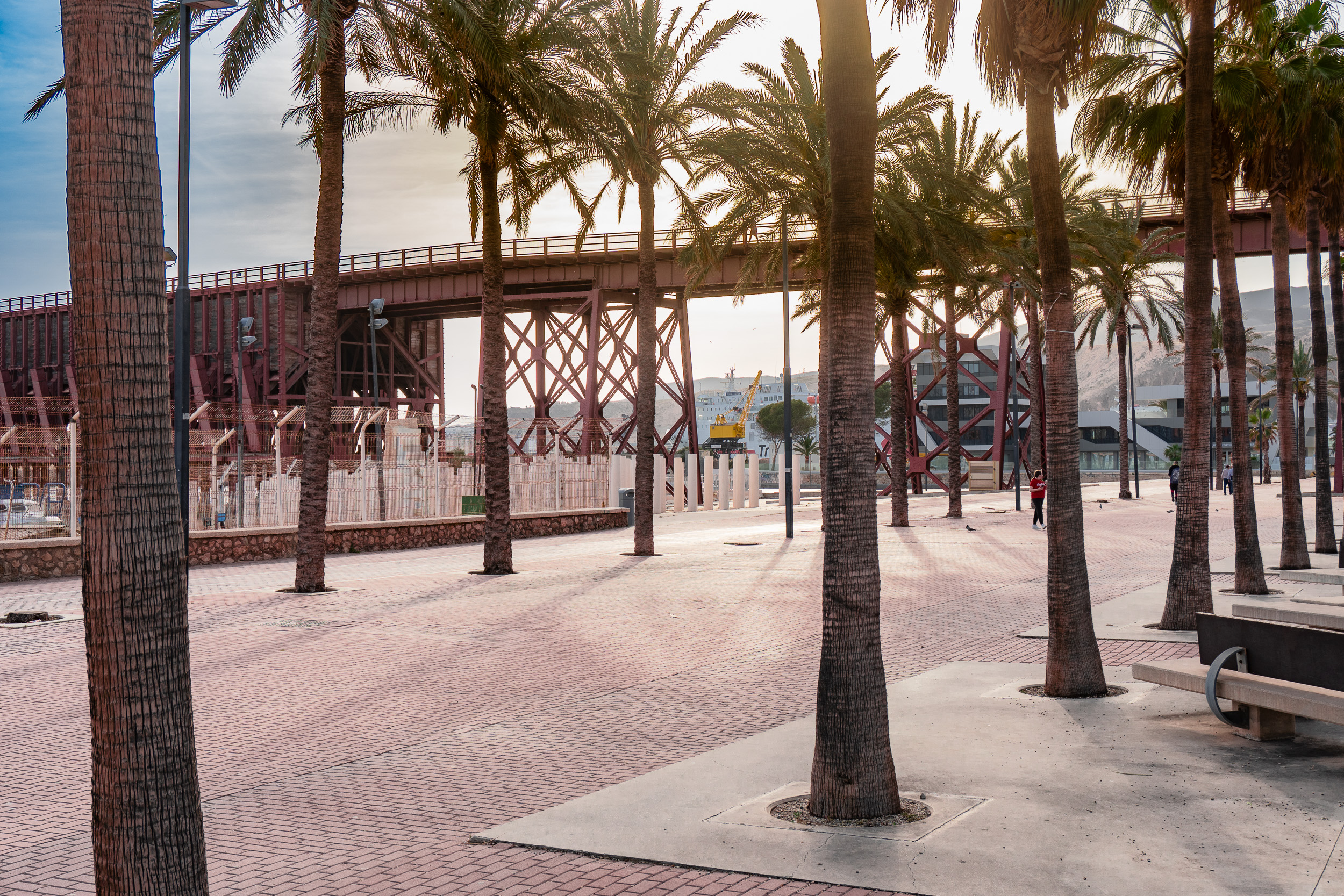 The structure of the Cable Inglés at Playa de Almadrabillas and the palm grove at the port of Almería at sunset