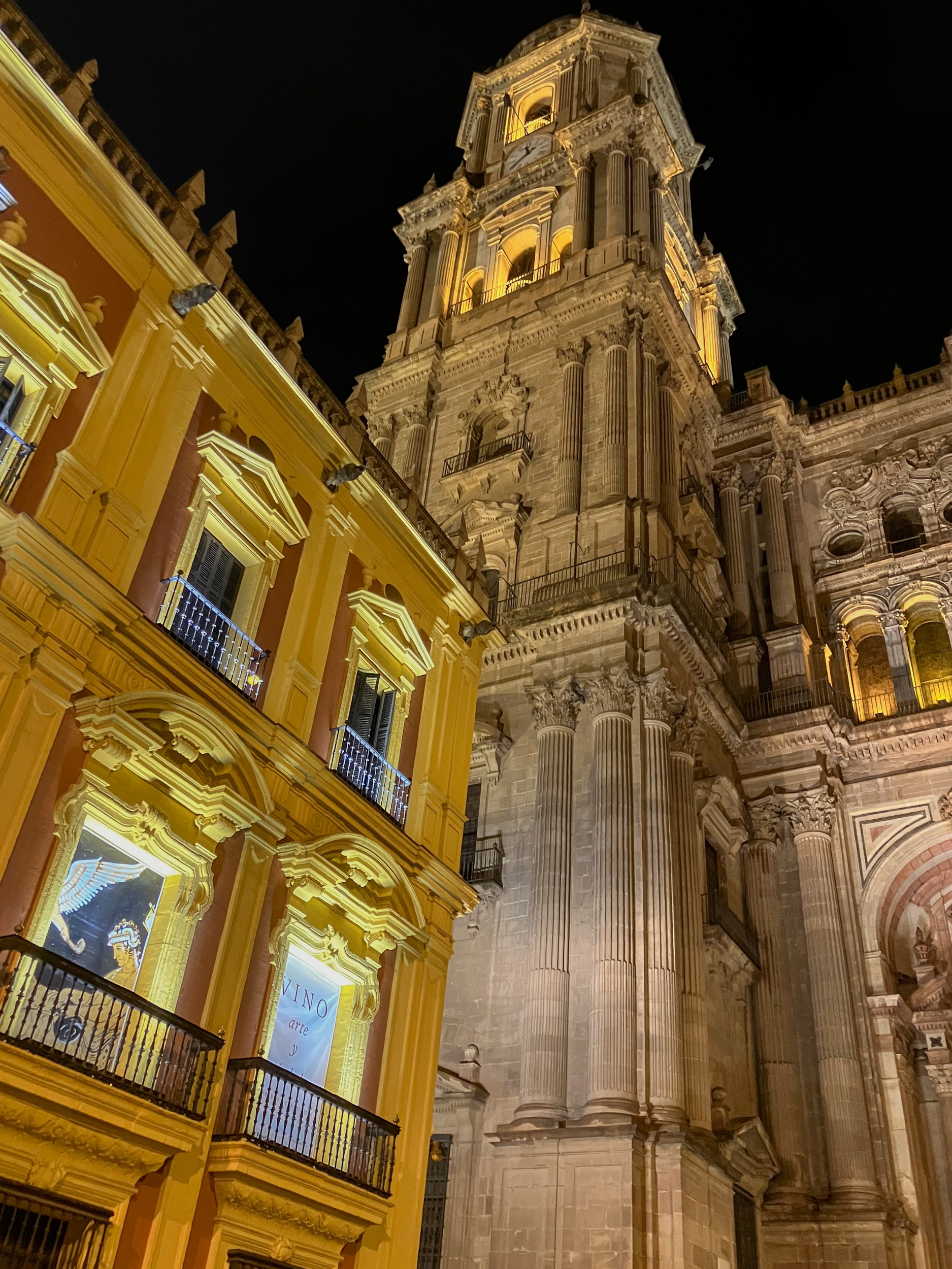 The completed tower of Málaga Cathedral at night, in the old city centre