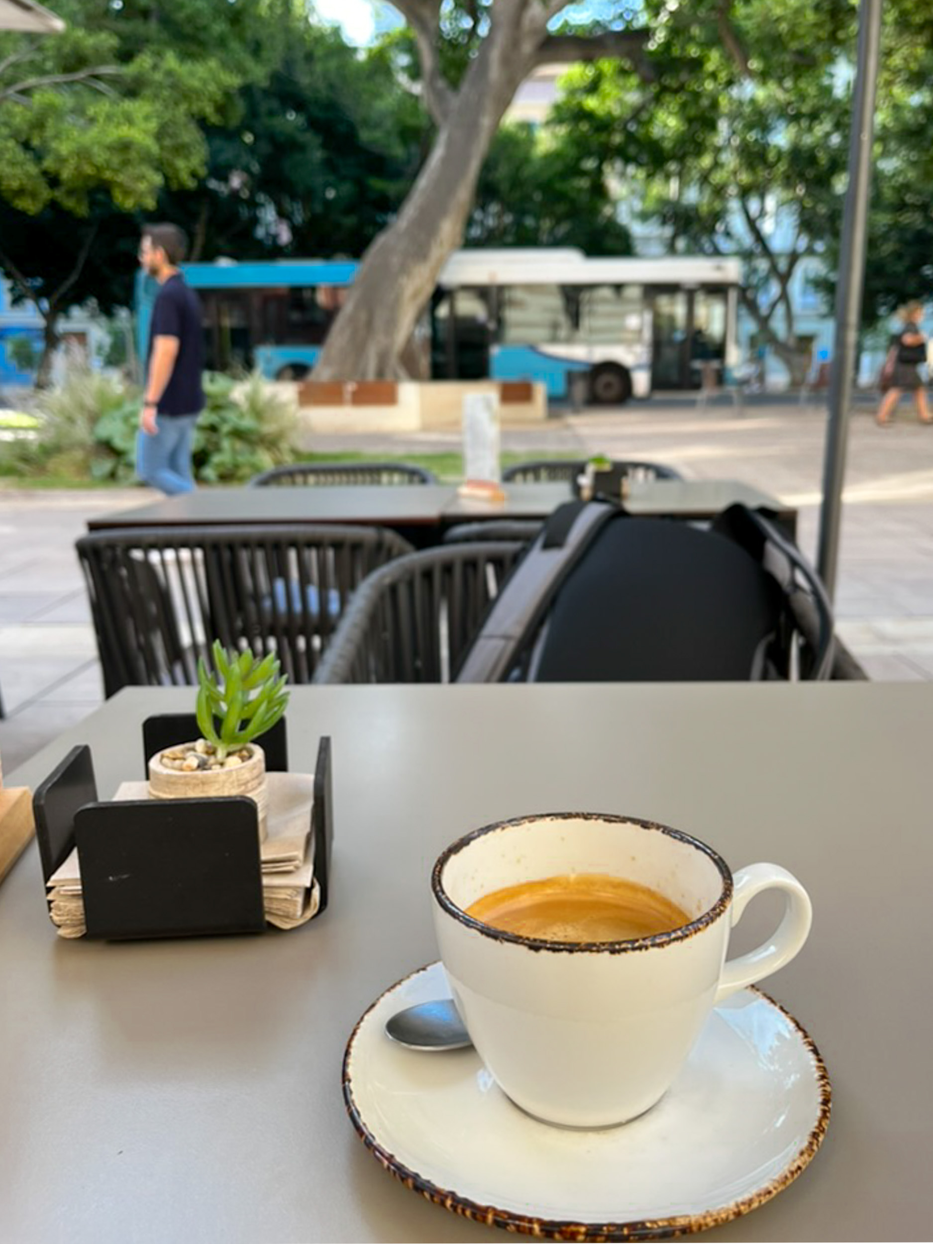 Un café en una terraza de la Alameda Principal, en el centro de Málaga, con un autobús pasando