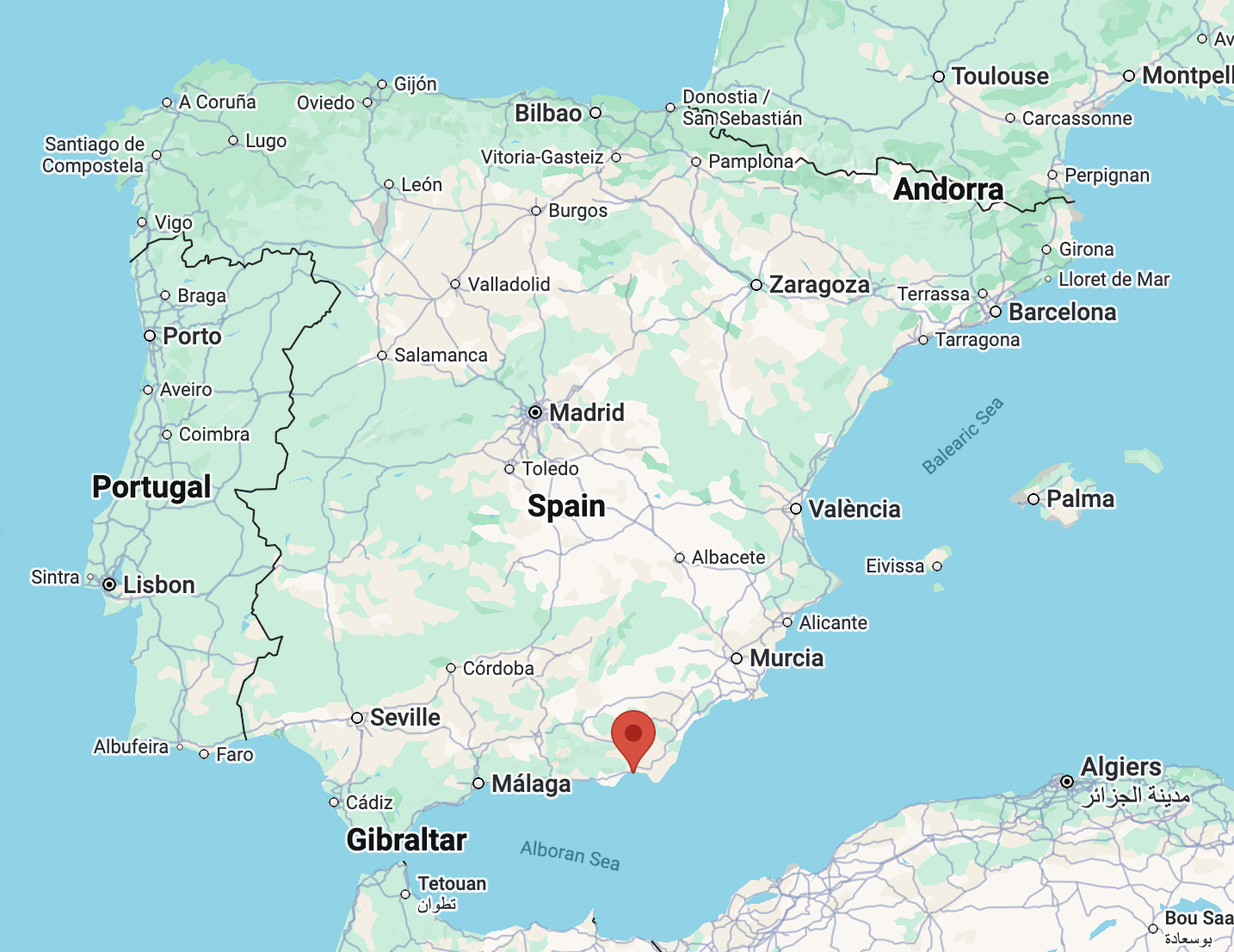 The location of Almería, Spain, on Google Maps