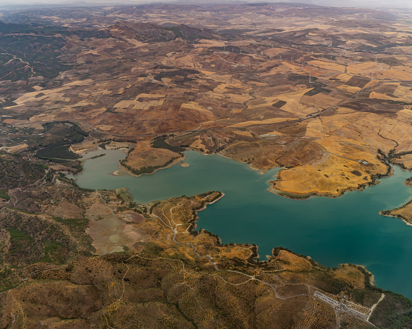 Aerial view of the La Viñuela reservoir in the Axarquía region in the province of Málaga.