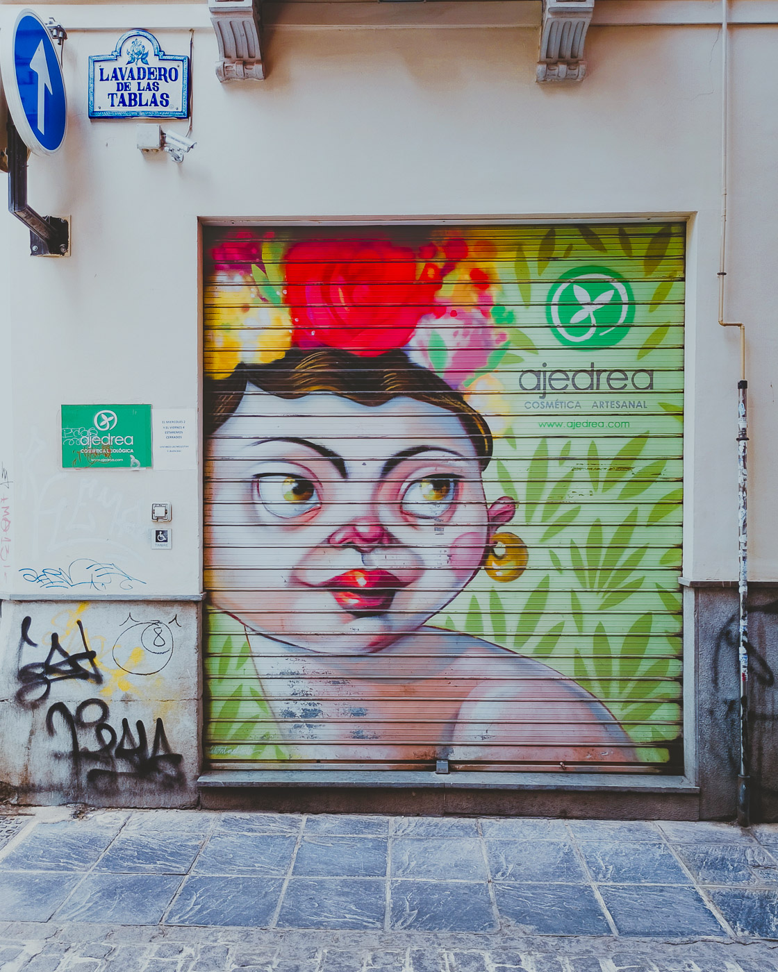 Street art on the metal shutter of the Ajedrea Cosmética Artesanal shop in Lavadero de las Tablas in Granada