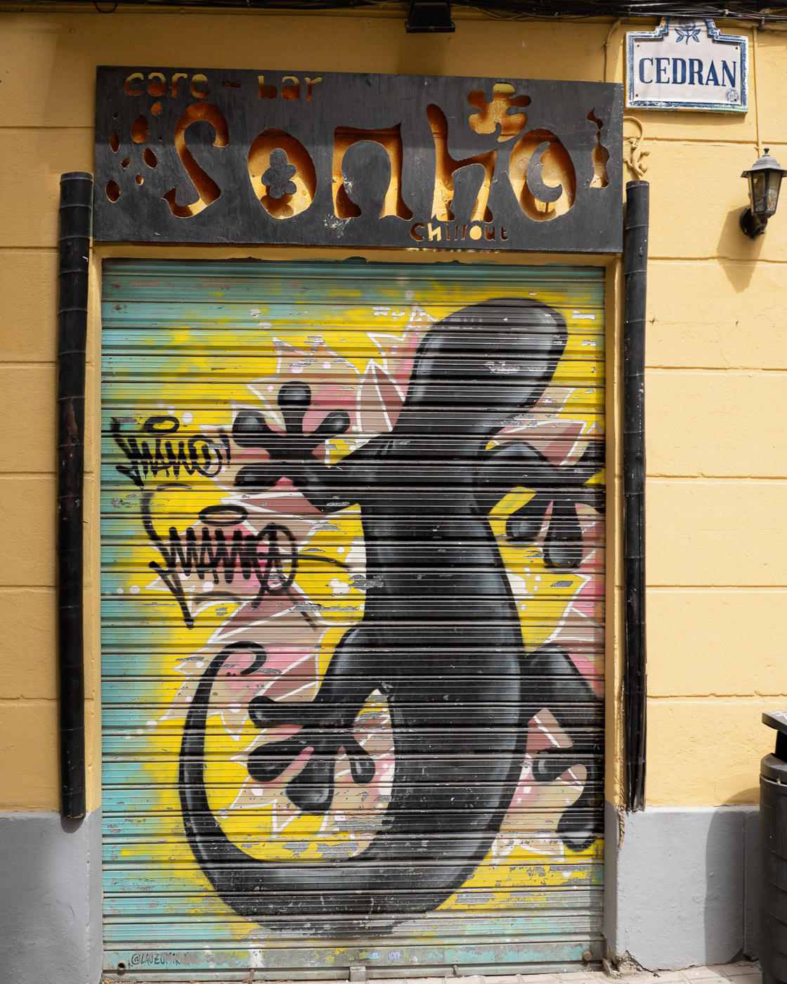 Street art depicting a lizard on the metal shutter of the Sonho chill-out café-bar in Cedrán (Granada)